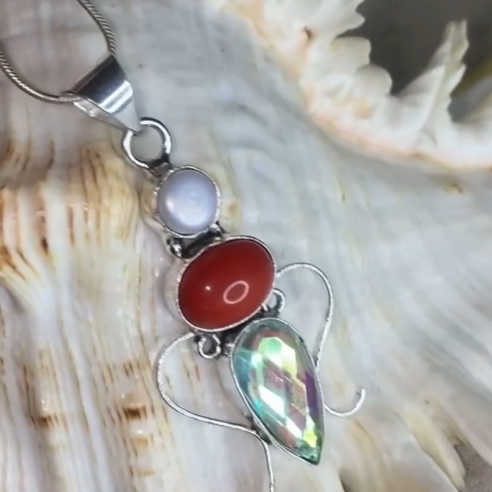 Red Coral + Biwa Pearl + Rainbow Mystic Topaz handcrafted pendant